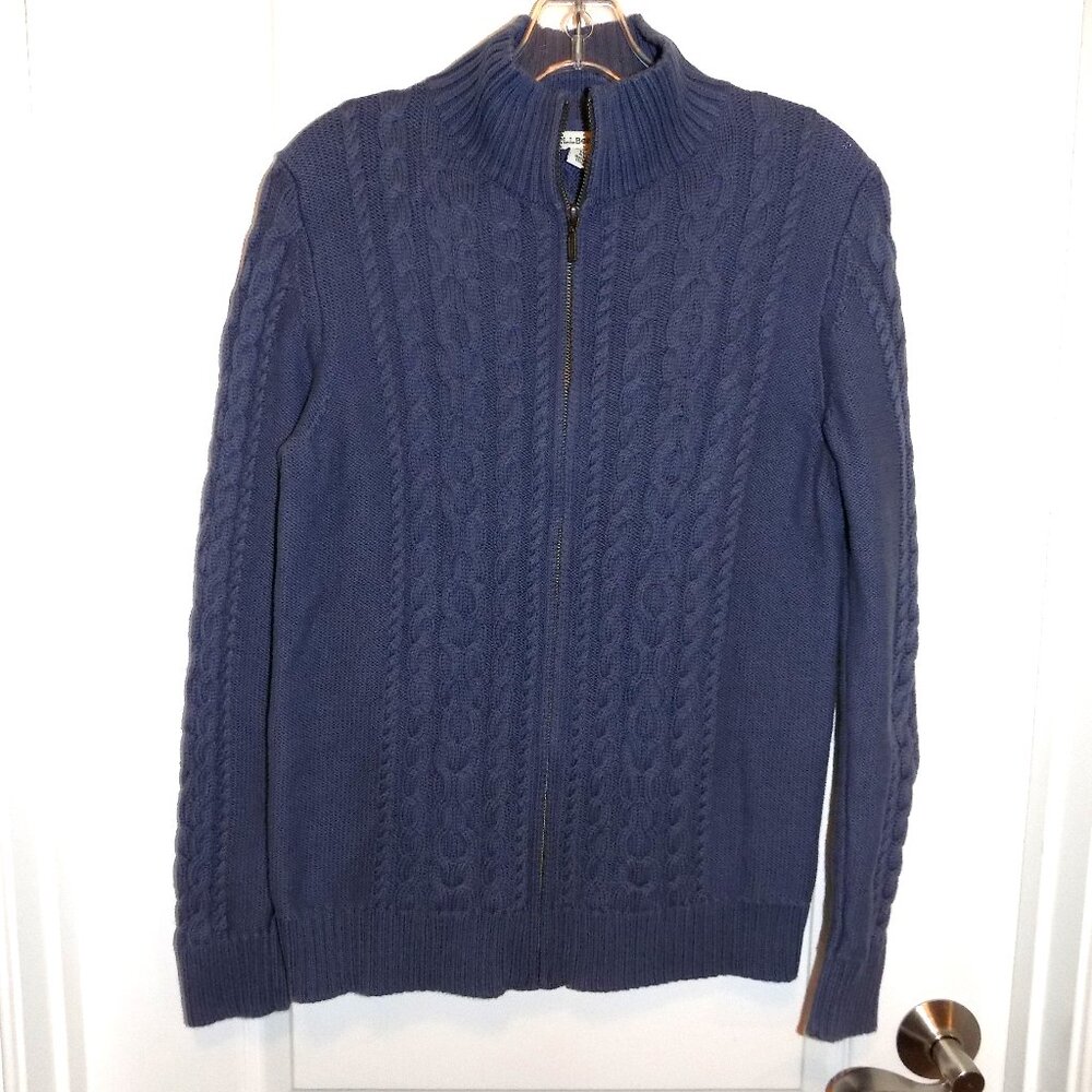 LL Bean Double L Cable Sweater Zip Front Cardigan Blue Medium Cotton Vtg Granny